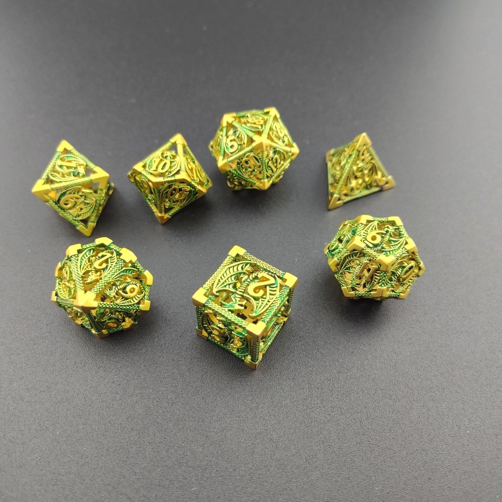 D&D dice metal hollow dragon green and gold RPG game play 7 additions square